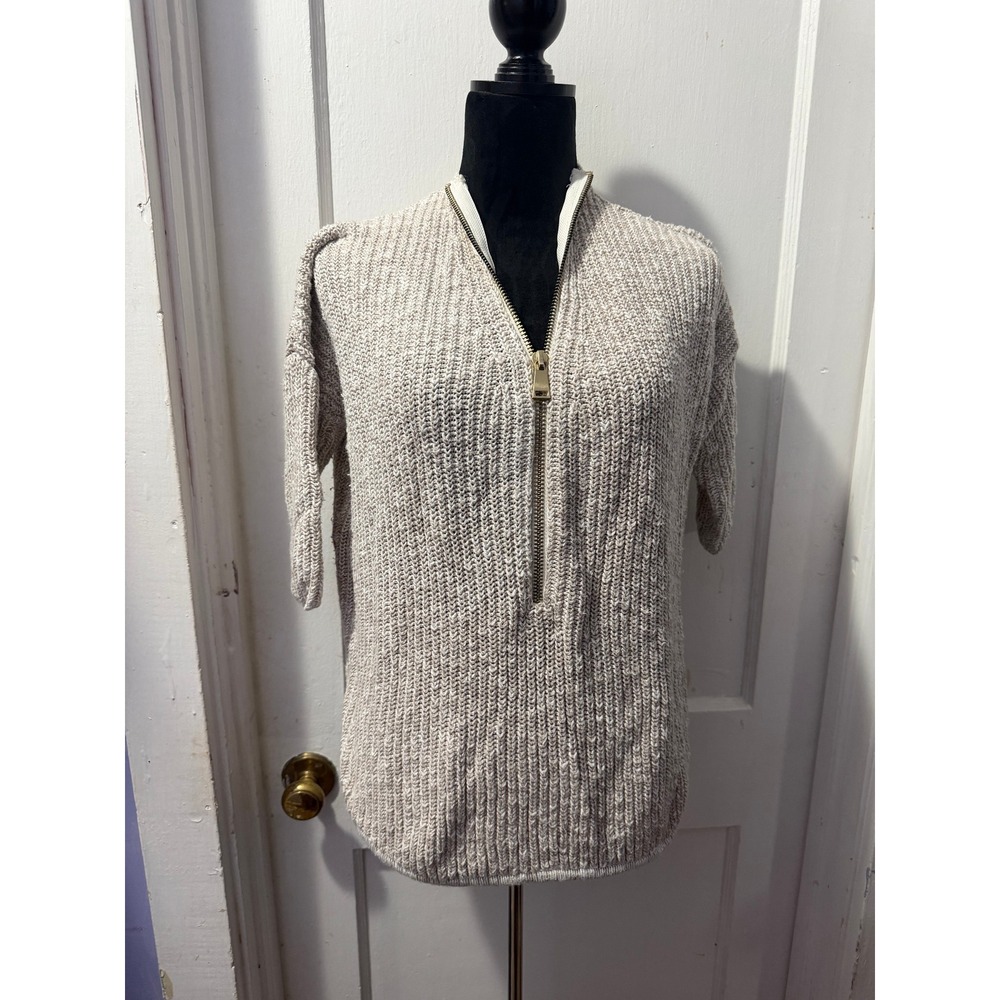 Express Heather Beige Half Zip Knitted Short Sleeve Sweater XS 100% Cotton